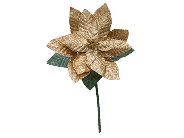 33.5" GLITTER POINSETTIA WITH LEAVES STEM (GOLD)